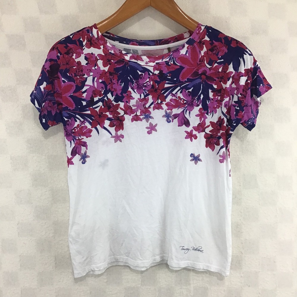Tommy Bahama Womens XS Floral Pima Cotton T-Shirt White Purple Tropical Tee